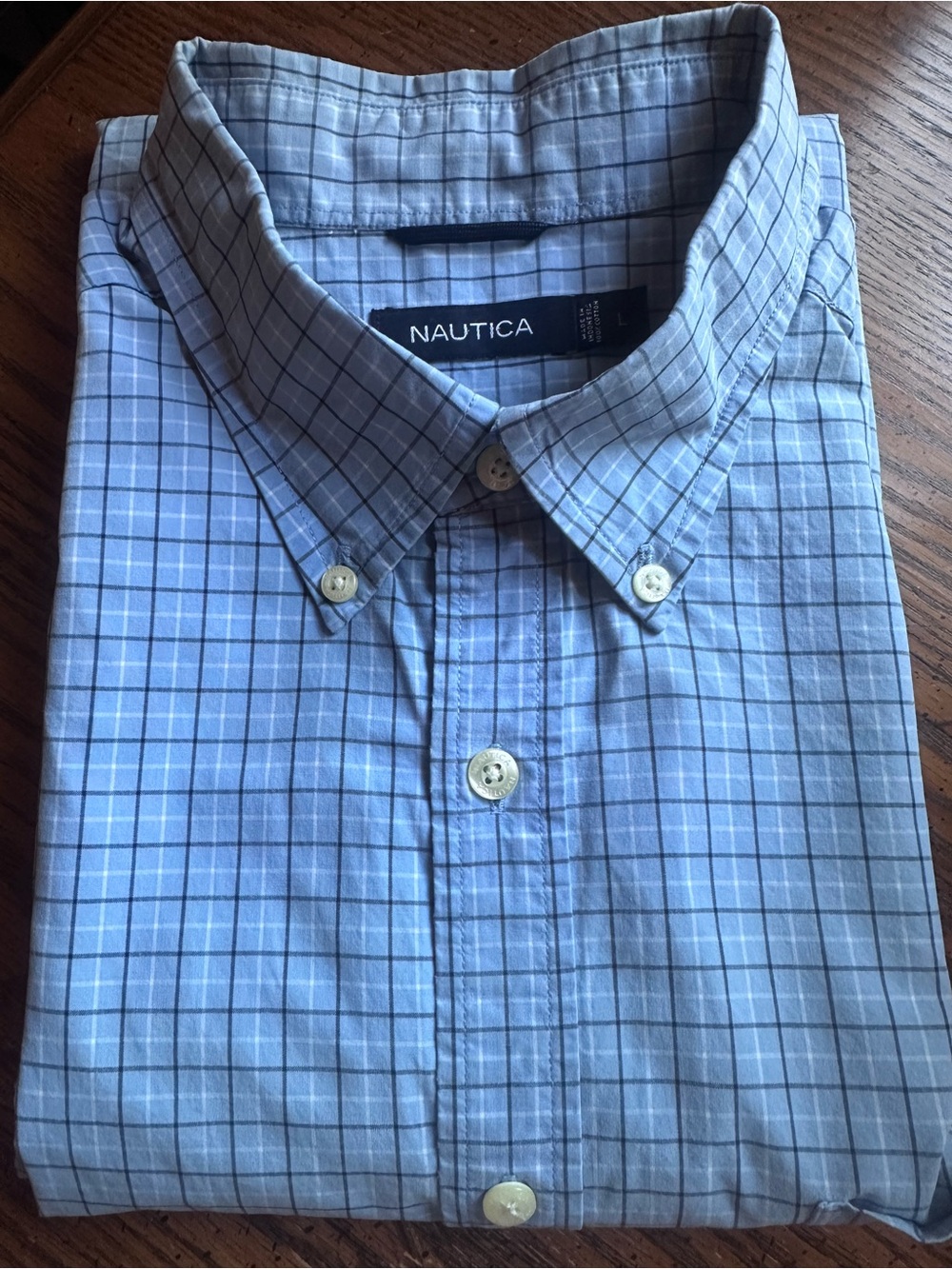 Nautica Sanded Poplin Blue Check Short Sleeve Button-Up Shirt Men's Size L